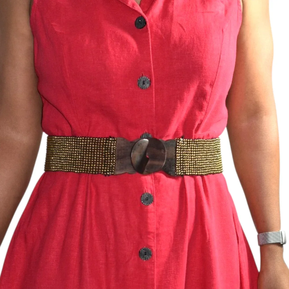 Beaded Cinch Belt Brown Stretchy Elastic Studs Waist Wooden Clasp Buckle Medium